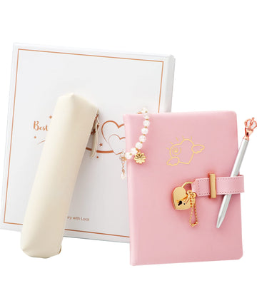 Diary With Lock For Girls - Birthday Gifts For Girls Ages 8 9 10 11 12 Year Old - Arts And Crafts For Kids - Journal Kit Includes: Pencil Case, Bracelet, Pen, Leather Journal For Teen Girls & Kids