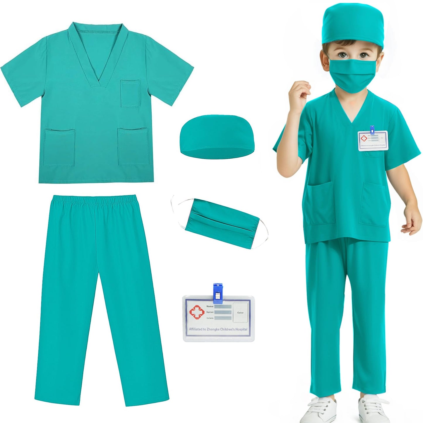 Mizzuco Doctor Costume For Kids,Toddler Nurse Scrubs Halloween Dress Up Cosplay For Boys Girls 3-12 Years (Green, L-130Cm/5-6Yrs