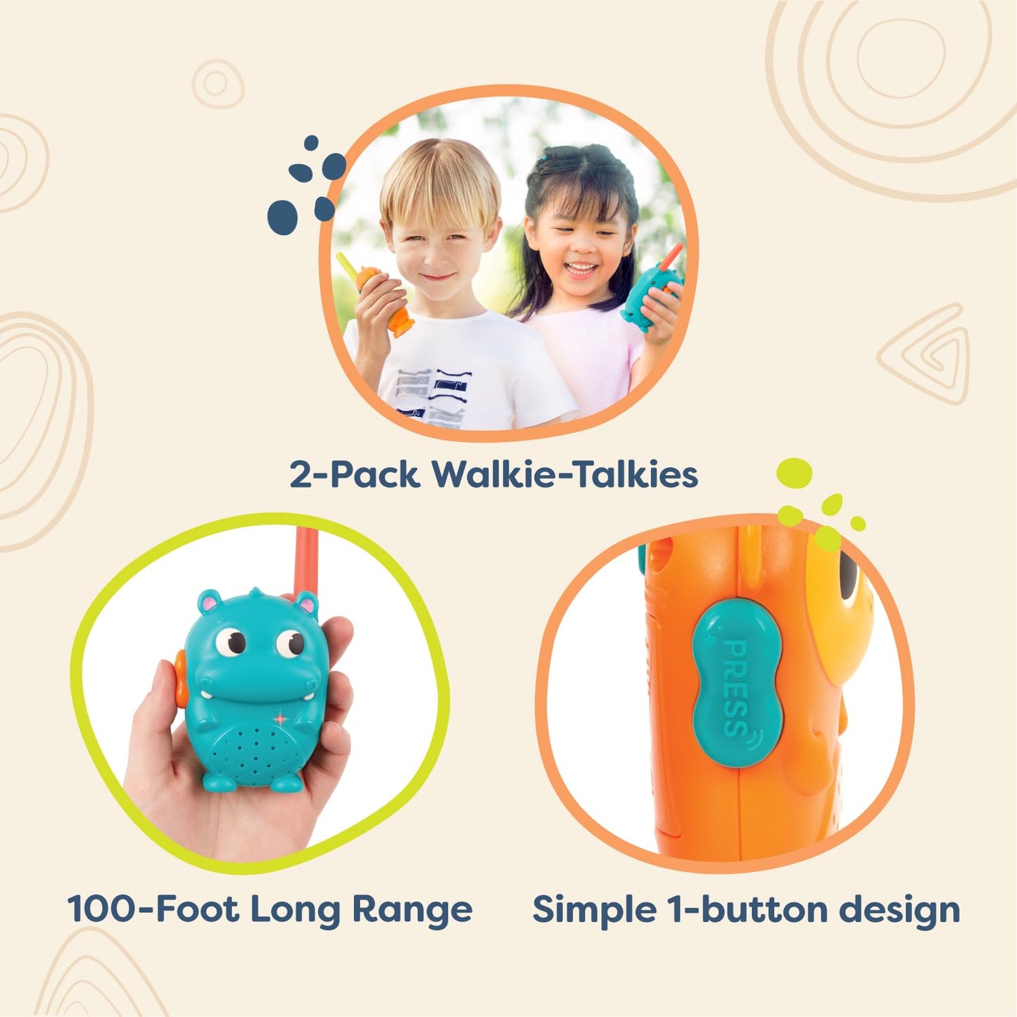 B. Toys- Hippo & Monkey Walkie-Talkies- Walkie Talkie Set – 2-Pack Walkie Talkies – Long 100-Foot Range – Toys For Toddlers, Kids – 3 Years +
