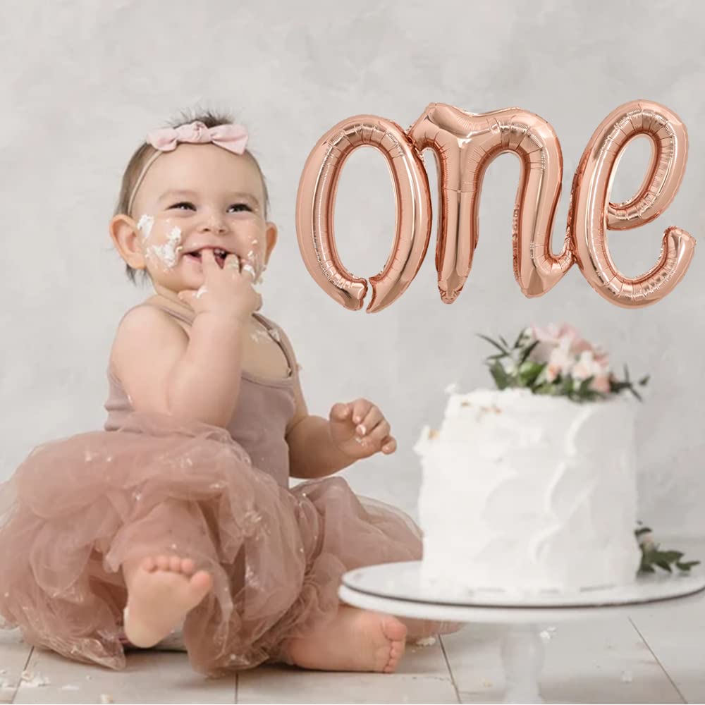 Toniful Rose Gold One Balloons Banner, 42*16 Inch Mylar Foil Script,Cursive Letter One Sign Banner Balloon Bunting Reusable Ecof