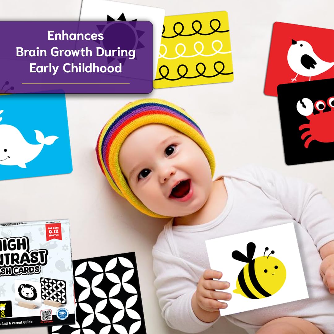 Ginimini High Contrast Flashcards For 0-12 Months - Black, White & Primary Colors For Visual Stimulation | 60 Large Pictures For