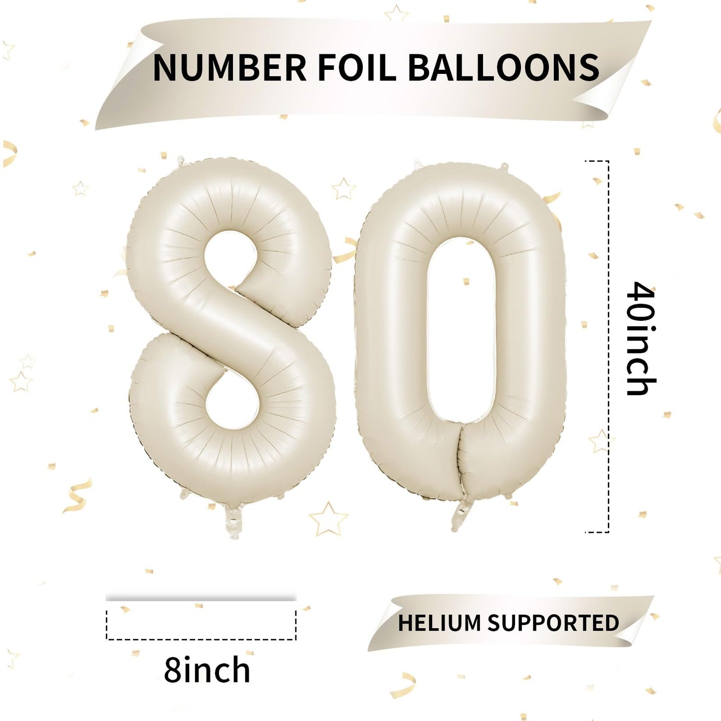 Biapian 40 Inch Cream Number 80 Balloon, 80Th Birthday Balloons, Big Digital 80 Beige White Giant 80 Foil Balloon Helium For Men