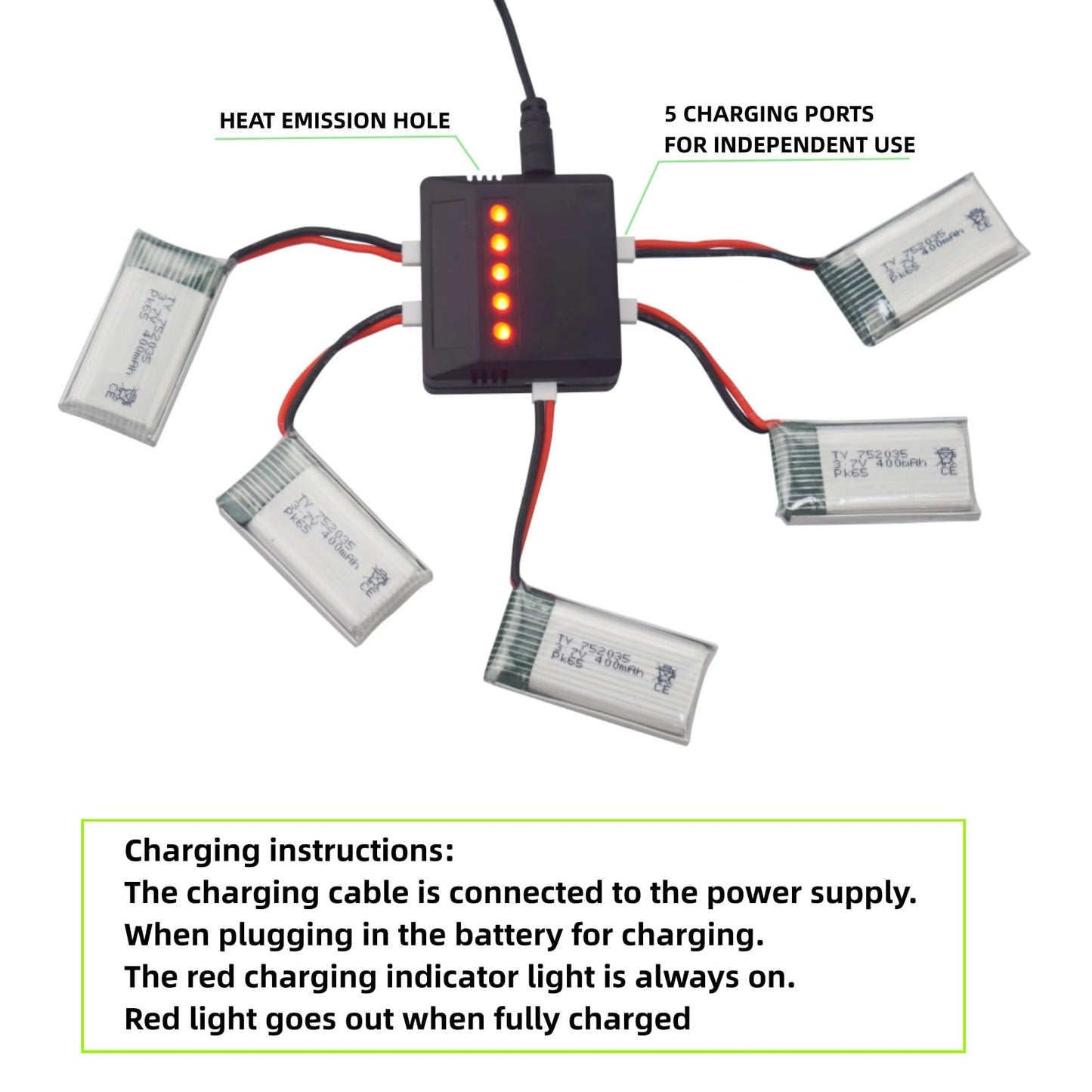 sea jump 5PCS 3.7V 400mAh High Rate Lithium Battery with 5 in 1 Charger for Hubsan H107C H107L SYMA Q11 X11C HS170C F180C TOZO Q