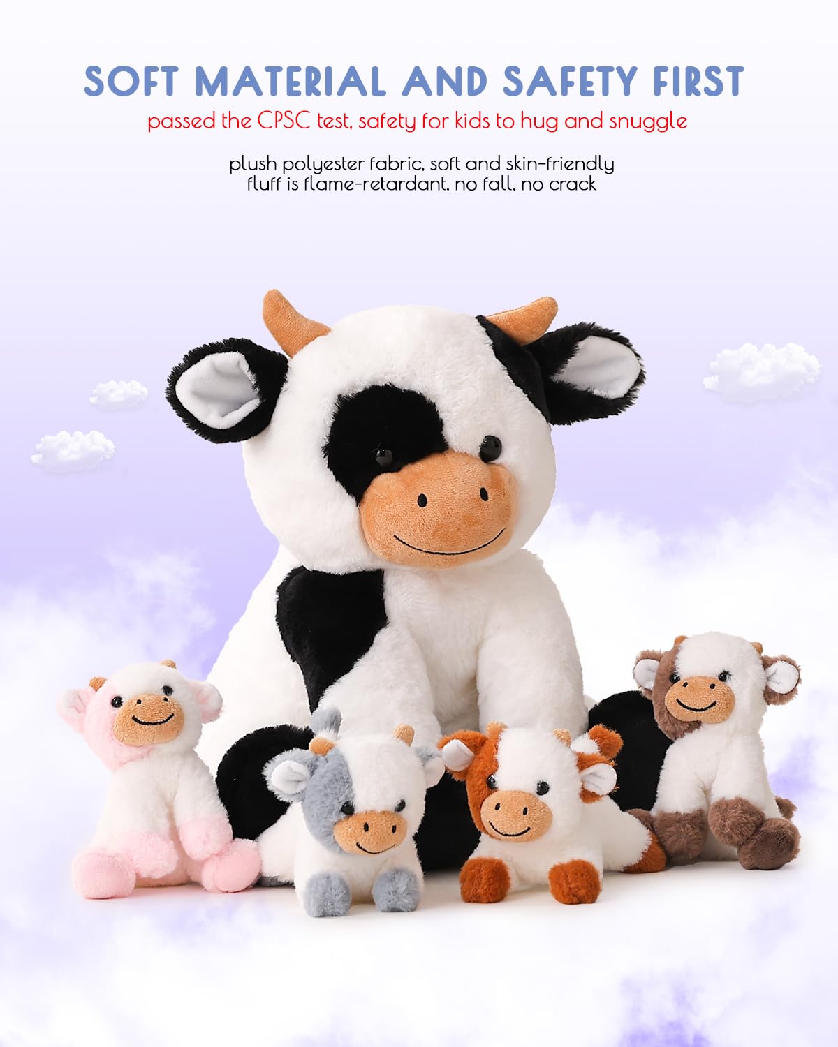 Vposyako 5 Pieces Cow Stuffed Animals For Boys Girls, 1 Mommy Cow With 4 Babies Soft Plush Toy Set Gifts For Kids Children 3 4 5