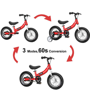 OHIIK 2 in 1 Balance Bike for Kids, Steel Frame, 14 inch, Red, with Pedal Kit and Training Wheels