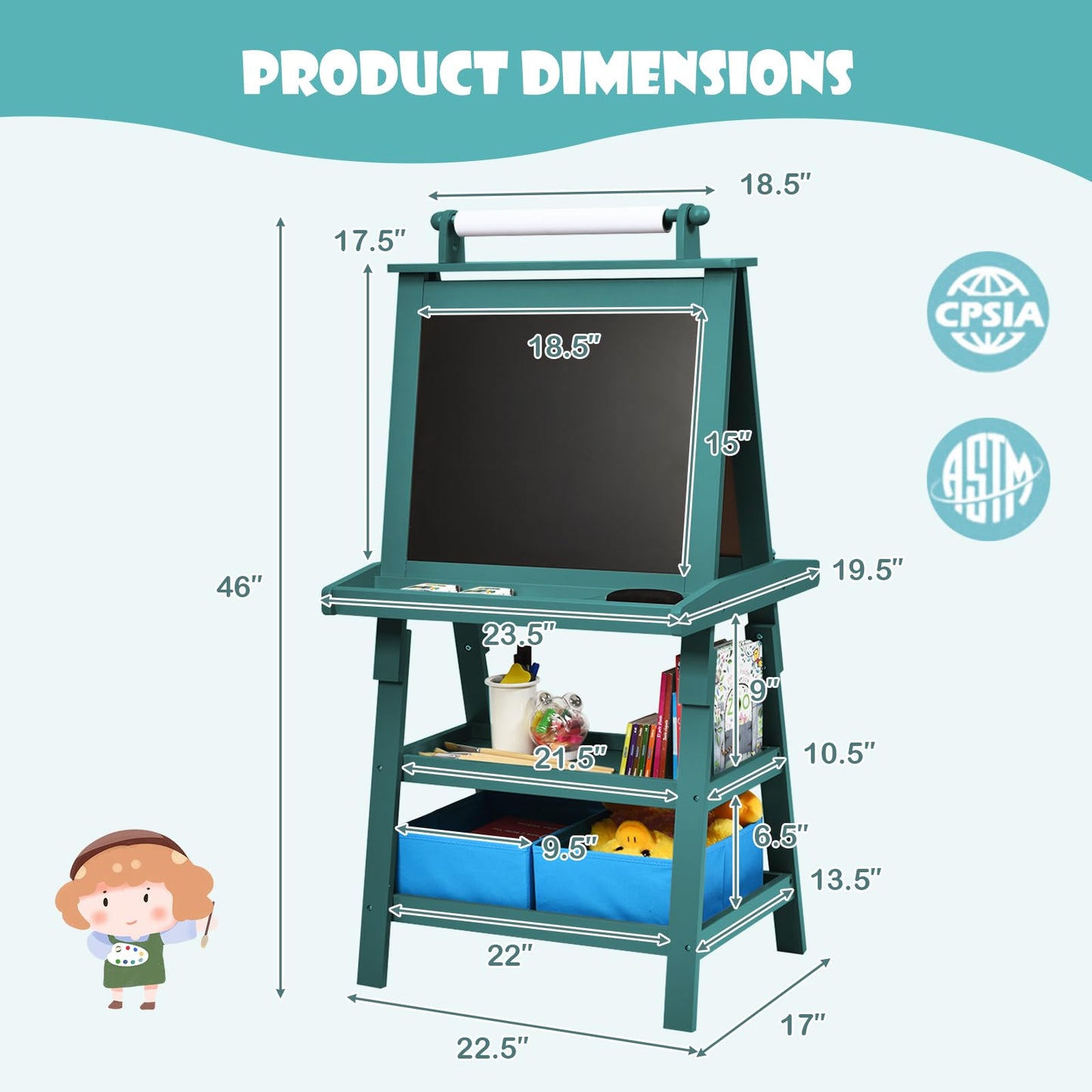Honey Joy Art Easel For Kids, 3-In-1 Double-Sided Wooden Toddler Easel W/Magnetic White Board & Chalkboard, Paper Roll, 2 Storage Bins, Painting Dry Erase, Kids Easel For Boys Girls Aged 3+ (Blue)
