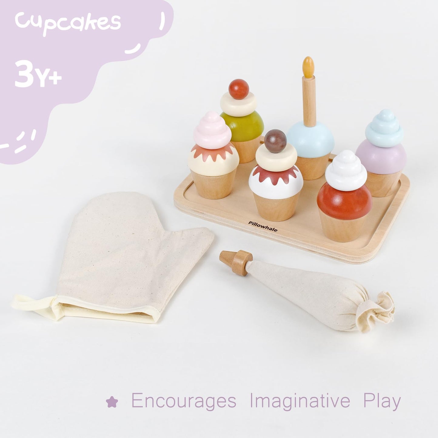 Pillowhale Wooden Cupcakes Toy,Kids Kitchen Playset,Pretend Play Food with Menu,Birthday Cake Toy for Toddlers Boys Girls Ages 3