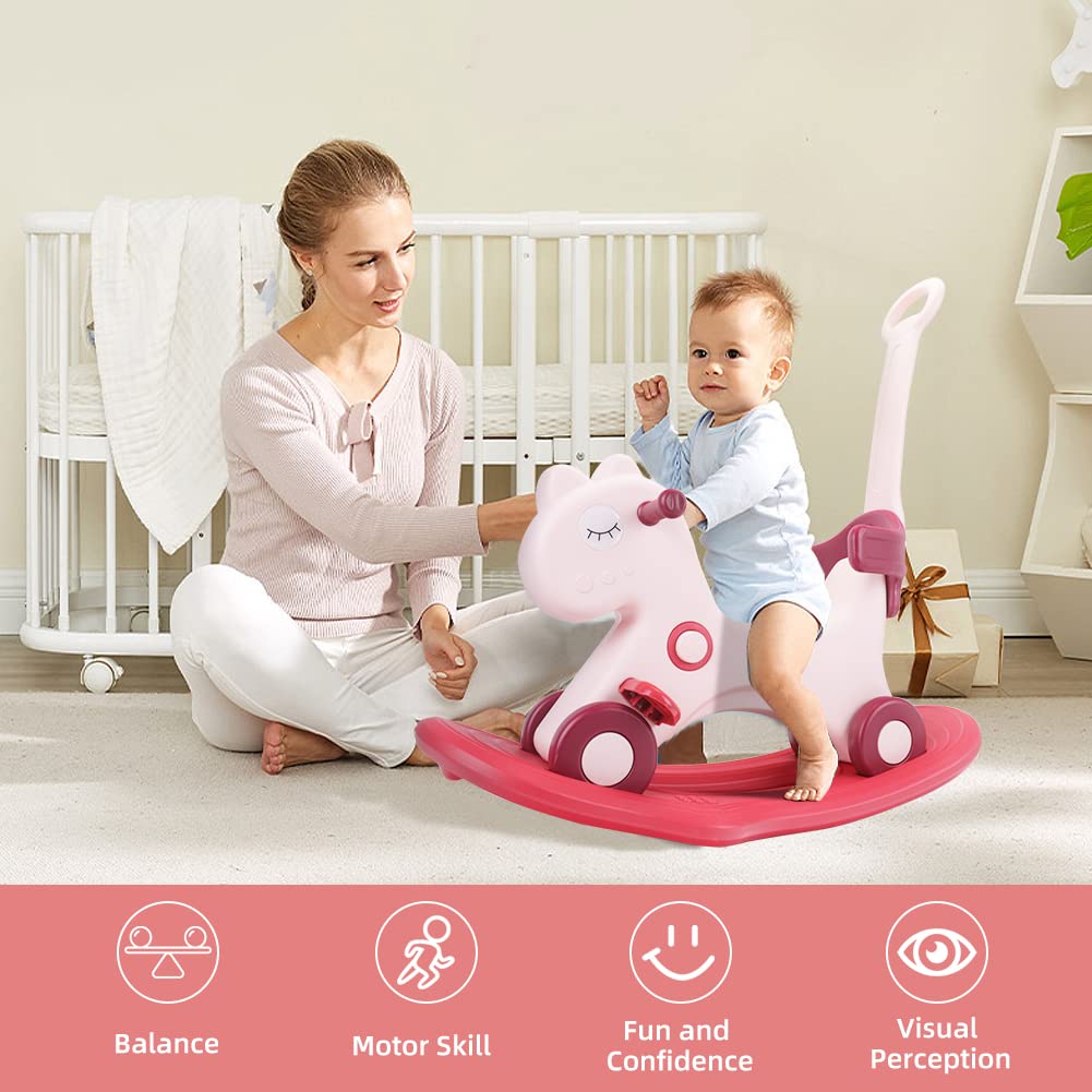 4 In 1 Rocking Horse For Toddlers 1-3 Years Old, Balance Bike Ride On Toys With Push Handle, Backrest And Balance Board For Baby Girl And Boy, Unicorn Kids Riding Birthday (Red)
