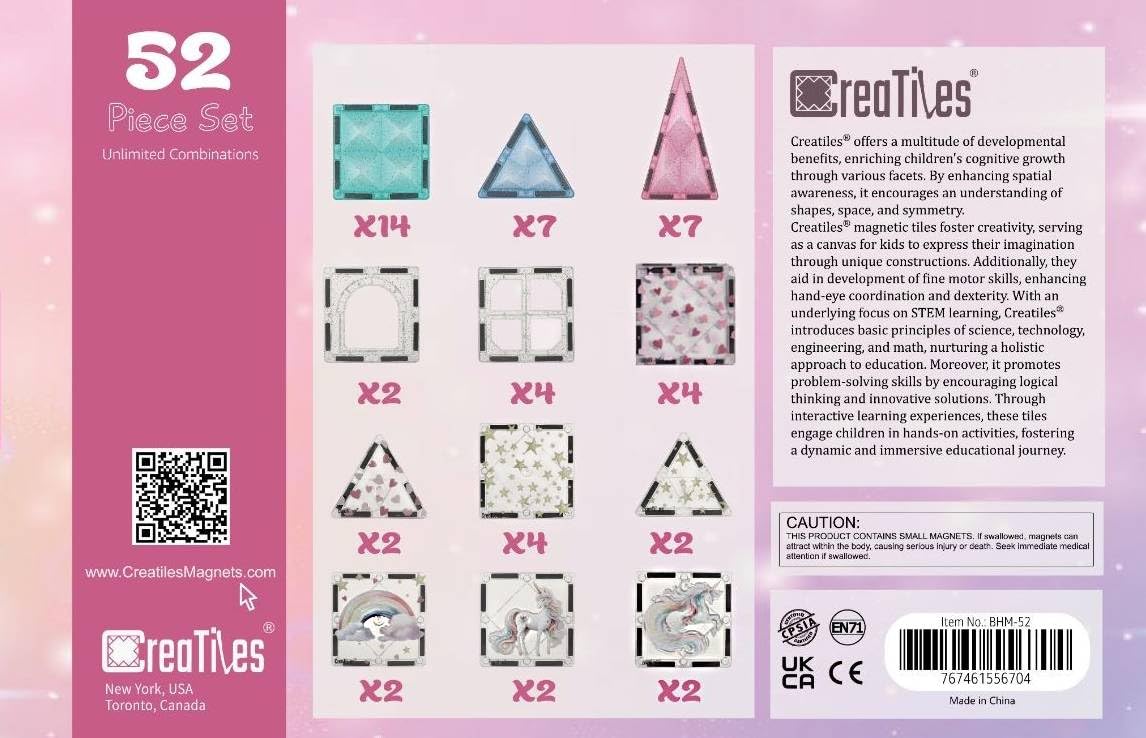 Glitter Unicorn Pony Magnetic Tiles: Building Blocks Toys For Kids - Hearts, Stars, Rainbow Castle Playset For Creative Kids, St