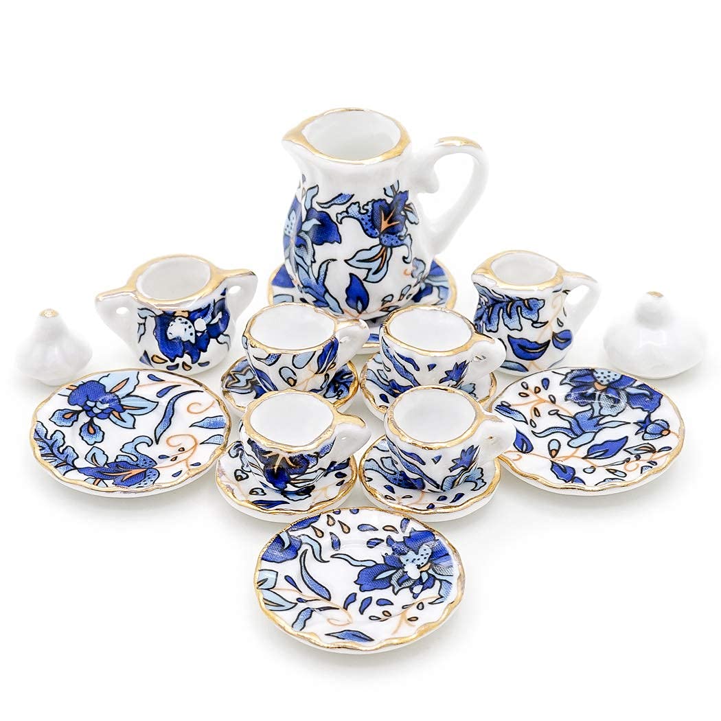 Odoria 1:12 Miniature 15Pcs Blue Porcelain Chintz Tea Cup Set (Blue)