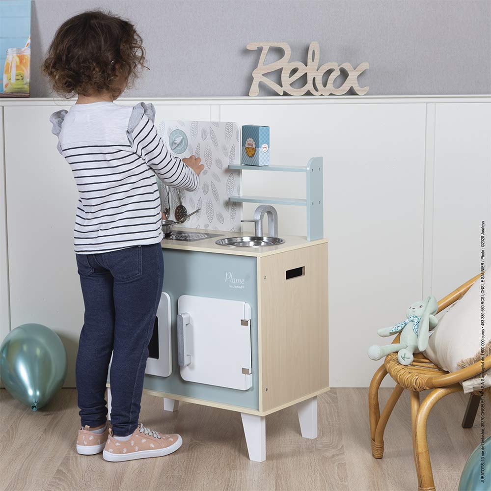 Janod Retro Plume Mint 30 Wooden Kitchen with 5 Accessories and Sound Effects - Ages 3+ - J06608