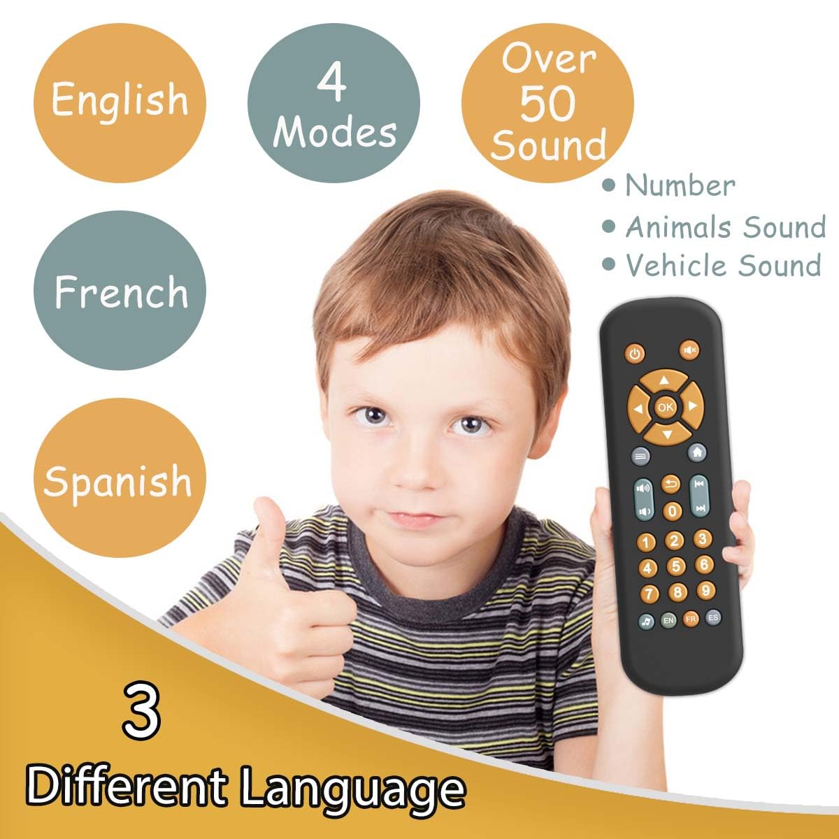 Baby Tv Remote Control Toy With Music, Tv Remote Toy With Realistic Light And Sound - English, French And Spanish 3 Language For Infant Toddler Play Remote Musical Toys, Bpa Free