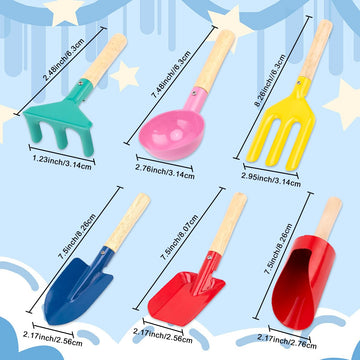 WEILAIDI Beach Toys,6 Pcs Children Beach Sand Toys,8'' Kids Gardening Set Metal Garden Tools with Sturdy Wooden Handle,Safe Kids