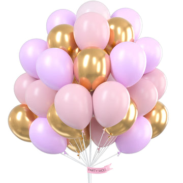 Partywoo Purple Pink Gold Balloons, 60 Pcs 12 Inch Purple Balloons, Light Pink Balloons, Gold Metallic Balloons And Pink Balloons, Purple Pink Balloons For Princess Birthday Party, Purple Baby Shower