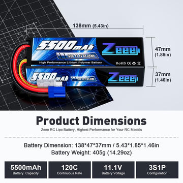 Zeee 3S Lipo Battery 5500mAh 11.1V 120C Hard Case RC Battery with EC5 Connector for RC Car 1/8 1/10 Scale Vehicles Tank Truck Bo