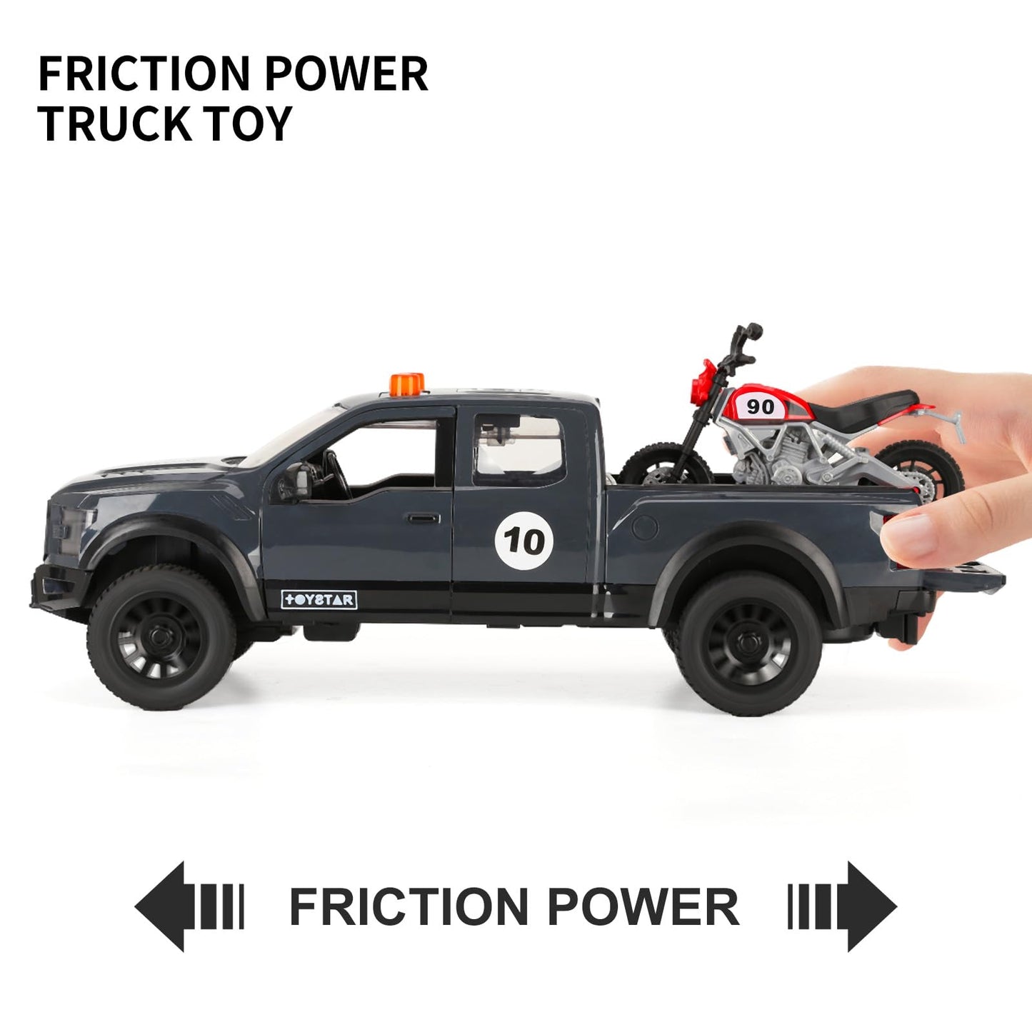 Sasbsc Toy Pickup Trucks For 3 4 5 Year Old Boys 1:18 Friction Power Truck Toy With Motorcycle Plastic Big Trucks With Lights An