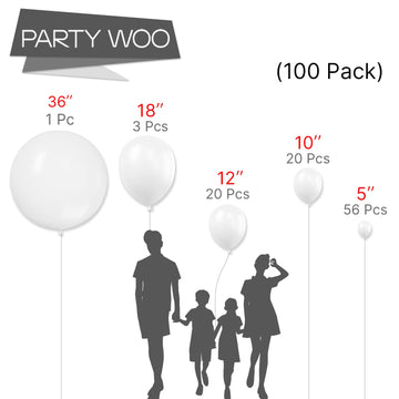 Partywoo White Balloons, 100 Pcs Matte White Balloons Different Sizes Pack Of 36 Inch 18 Inch 12 Inch 10 Inch 5 Inch White Balloons For Balloon Garland Or Balloon Arch As Party Decorations, White-Y13