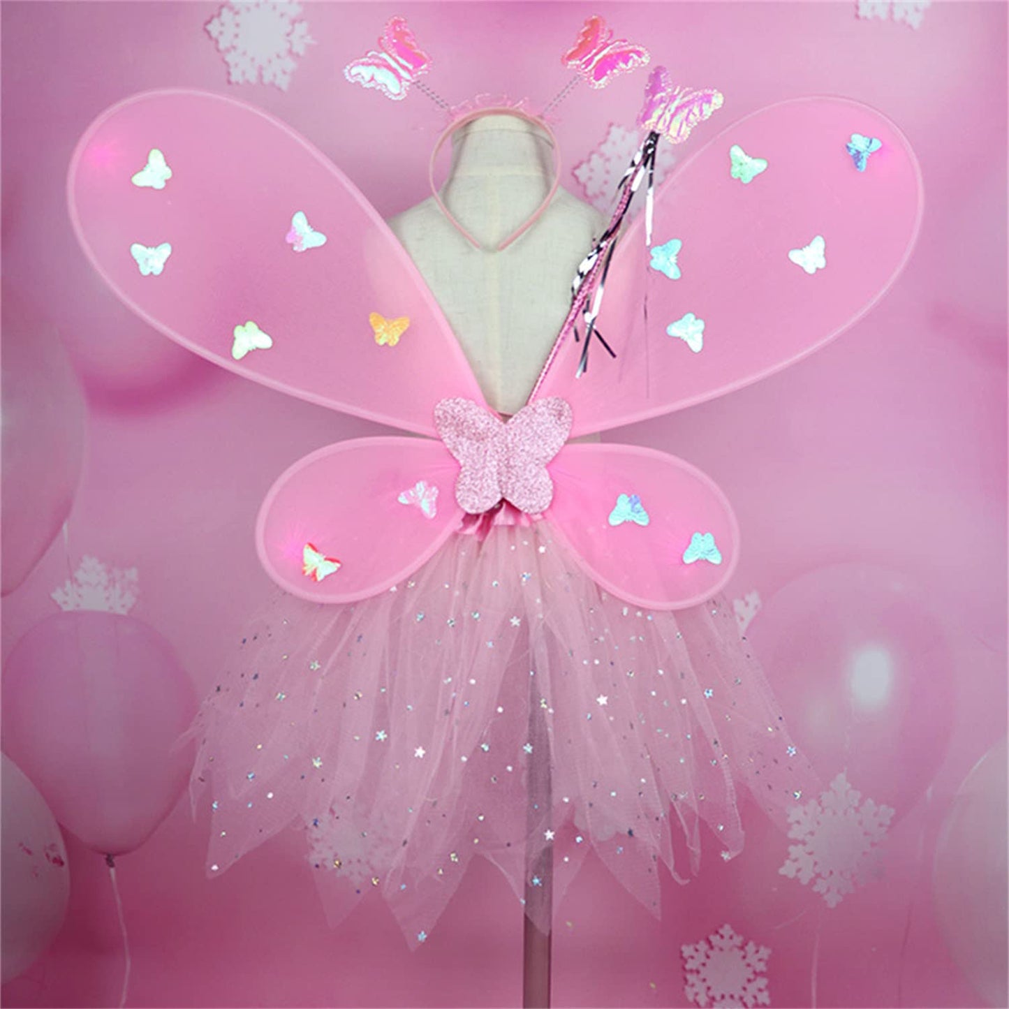 Purfeel Girls Led Light Up Angel Wings Kids Butterfly Wings Costume 4Pcs Sets Pink