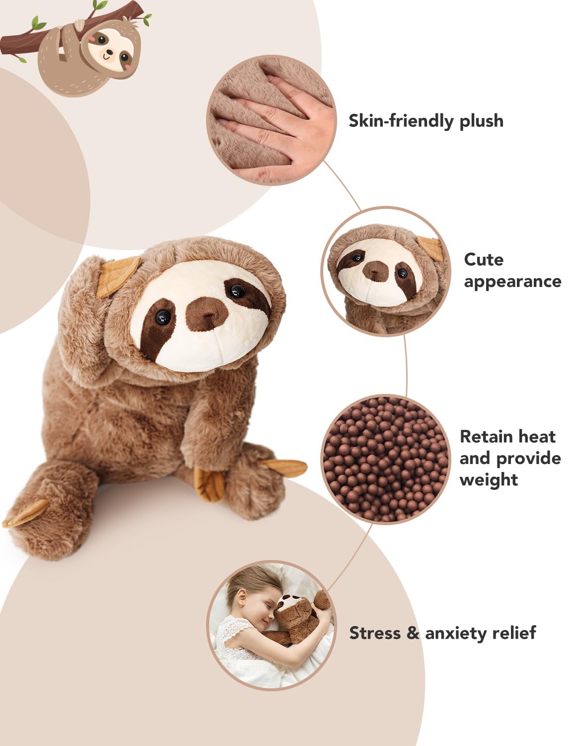 Wtdeplush Weighted Sloth Plush Stuffed Animals, Microwavable Stuffed Animal Heating Pads For Adults & Kids, Plush For Stress Rel