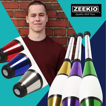 Zeekio - Pegasus Juggling Club Set - enhanced Quality - for Beginners All Levels - Multi-Piece Durable Design - Scuff Resistant - Rubber Knob & Cap - 20.5 L - Set of 3 - Gold Green & Blue