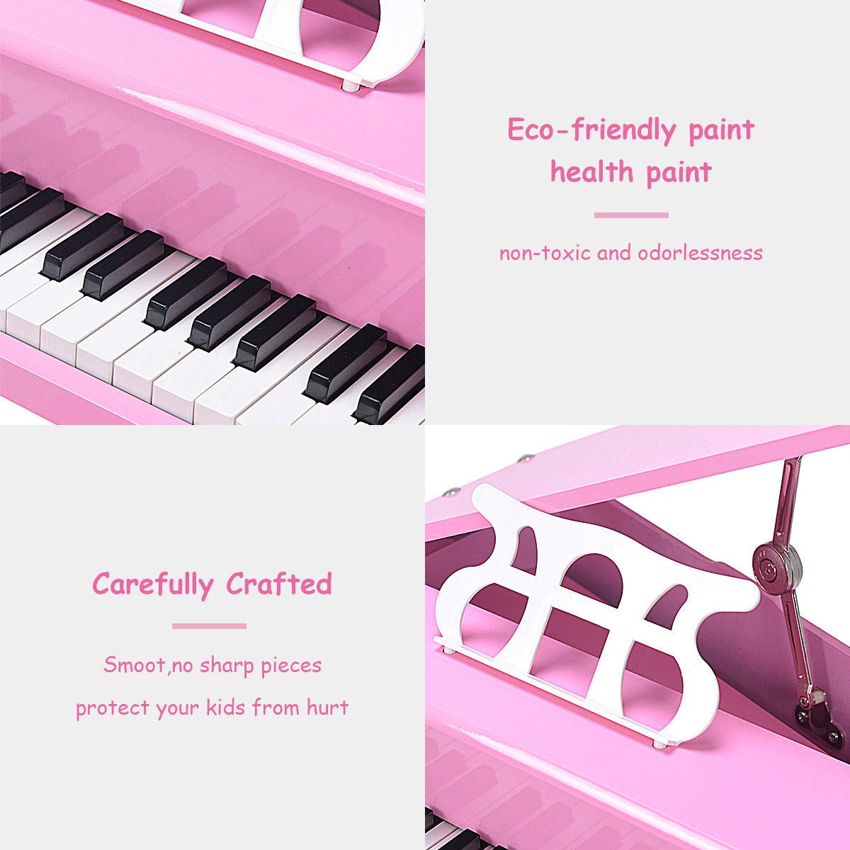 Goplus 30-Key Classical Kids Piano, Mini Grand Piano Wooden Learn-To-Play Musical Instrument Toy With Bench, Piano Lid, Music Rack, Gift For Boys Girls Aged 2+ Baby Tollder (3 Straight Leg-Pink)