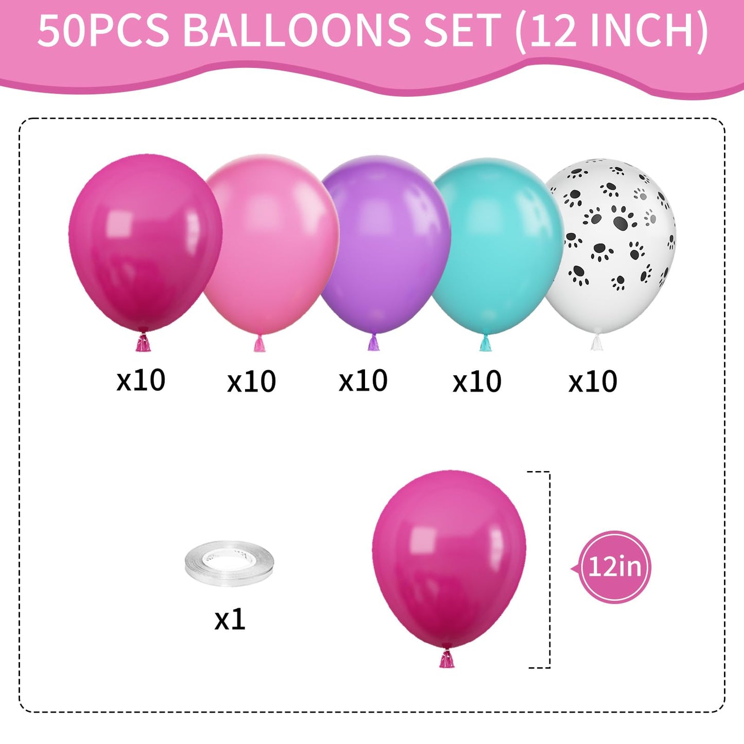 Pink Teal Purple Paw Balloons, 12 Inch Paw Balloons With Hot Pink Teal Purple Dog Paw Printed Balloons Metallic Rose Balloons Fo