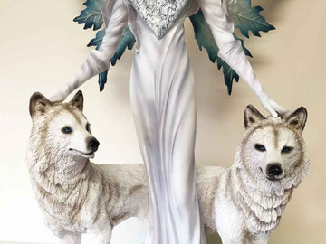 Large 23' Tall Blizzard Frost Flake Fairy With Two Snow Pet Wolves Statue Figurine
