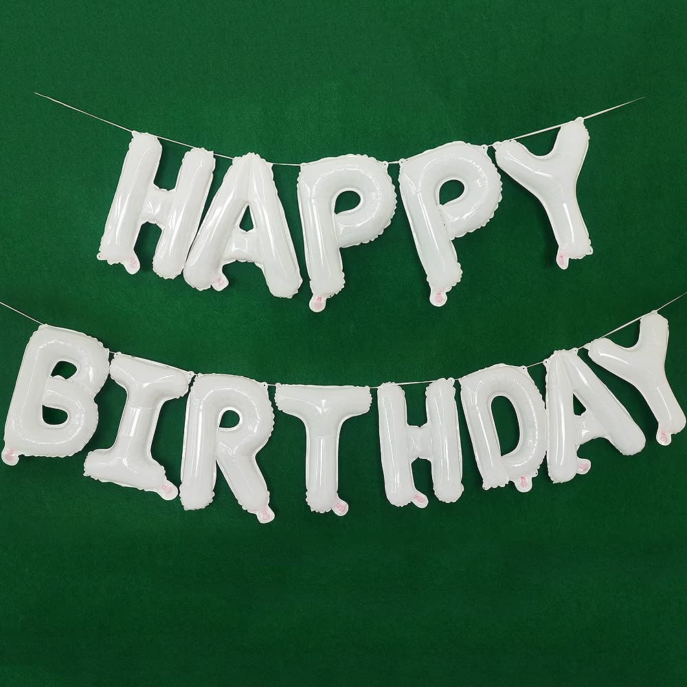 Toniful White Happy Birthday Balloons Banner With Ribbon Straw, 16 Inch Mylar Foil Letters Birthday Sign Banner Balloon Bunting