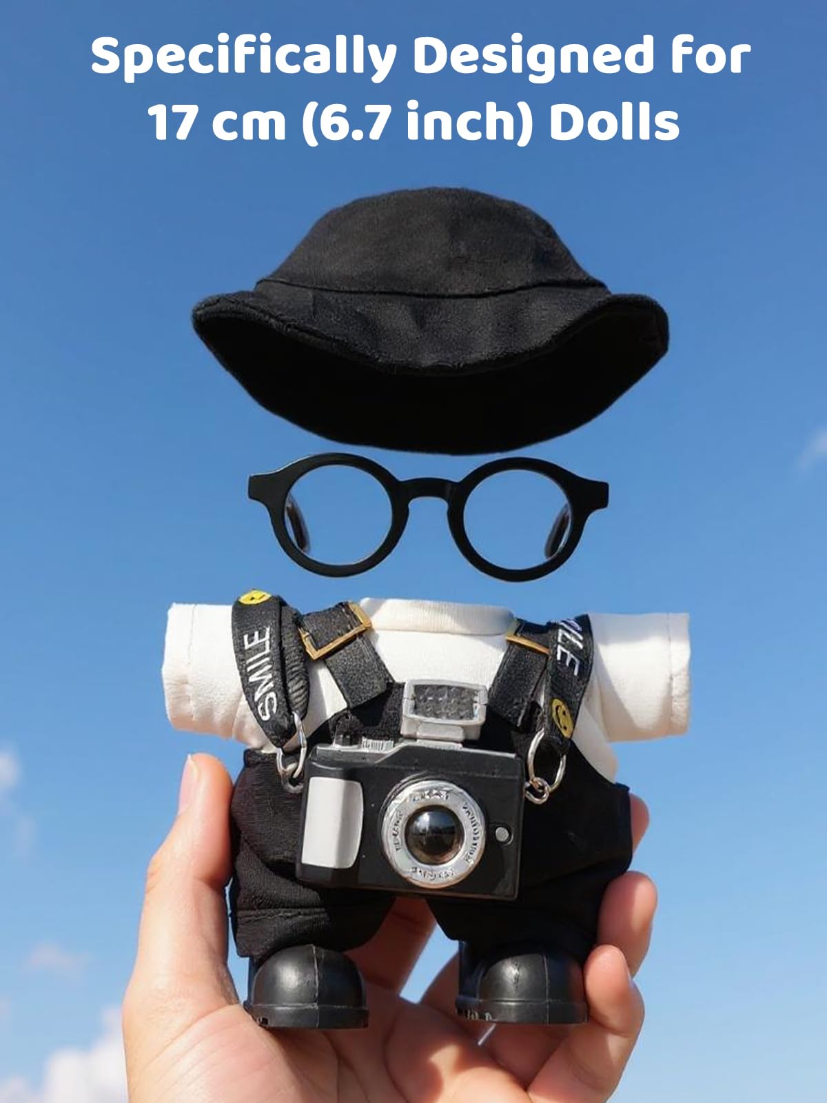 17cm Doll Clothes - 6-Piece Set Hat + Overalls + Shirt + Camera + Glasses + Shoes Cute and enhanced Dolls Outfit Accessories (Black)