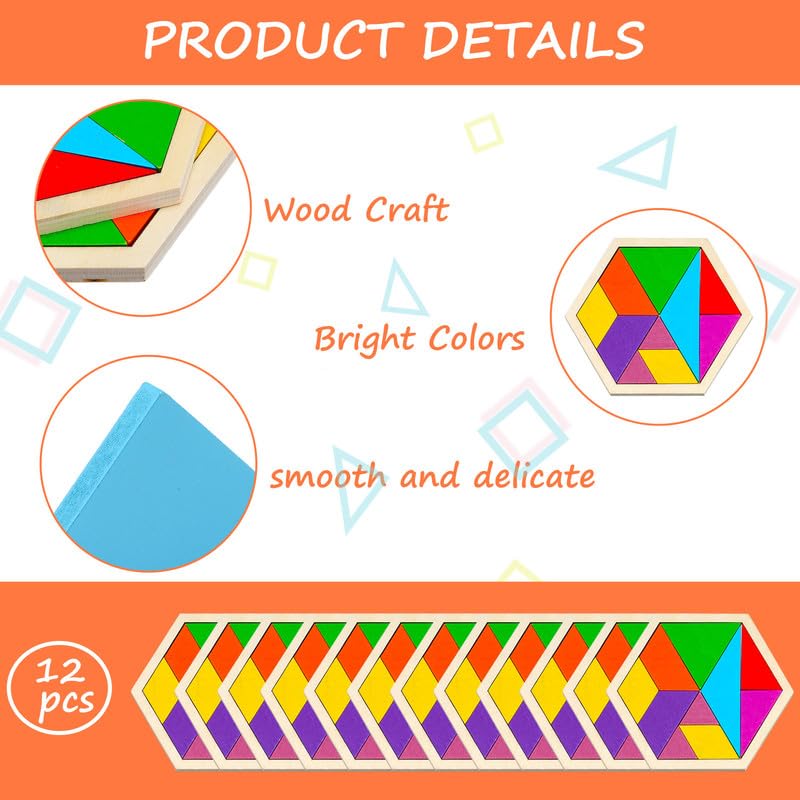 Meooeck 12 Pack Tangrams Wooden Puzzles Tangrams Classroom Set Tangrams For Kids Shape Tangram Puzzles Brain Logic Blocks For Ga