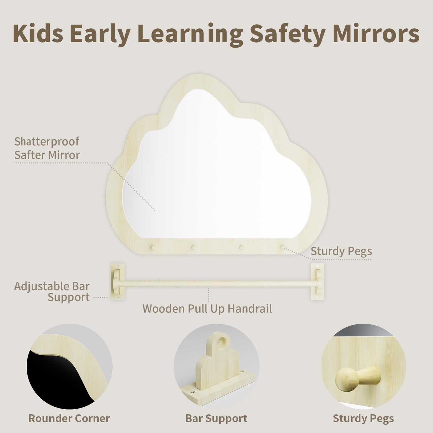 BZBRLZ Montessori Mirror with Bar - Adjustable Infant Mirror for Toddlers 6-18 Months, Easy Assembly Natural Frame, 22L x 0.8W