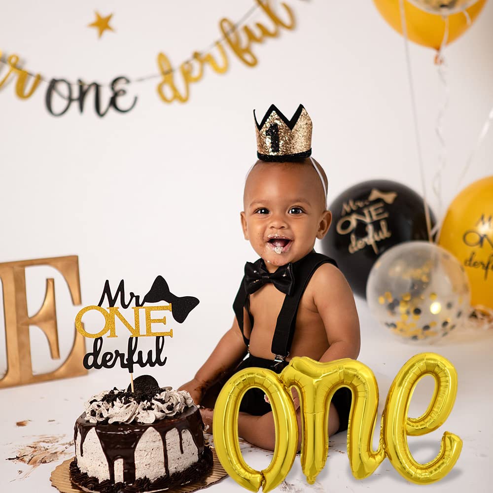 Toniful Gold One Balloons Banner, 42*16 Inch Mylar Foil Script / Cursive Letter One Sign Banner Balloon Bunting Reusable Ecofrie