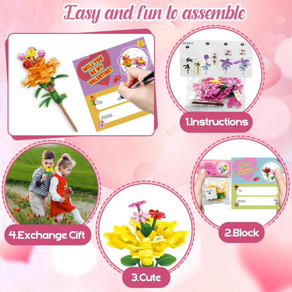 Umeelr 24 Pack Valentines Day Gifts For Kids, Flowers Bouquet Building Blocks With Valentines Day Cards, Valentine'S Classroom G