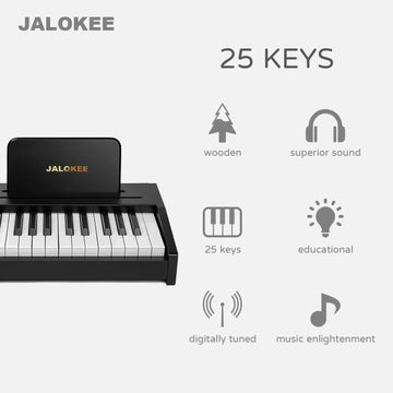 JALOKEE Kids Piano Keyboard - 25-Key Digital Piano Toy, Wood Material, Black, Educational Instrument for 3+ Years Old