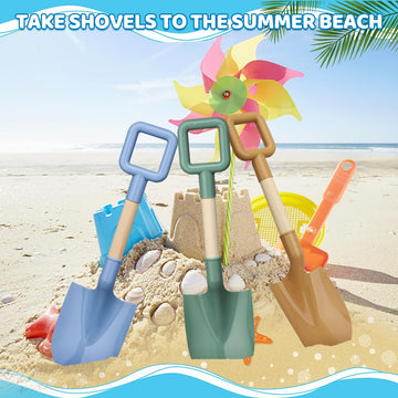 Dilabnda Kids Beach Sand Shovels, 16" Large Plastic and Wooden Spade Set, Brown, 3PCS for Garden and Snow Play