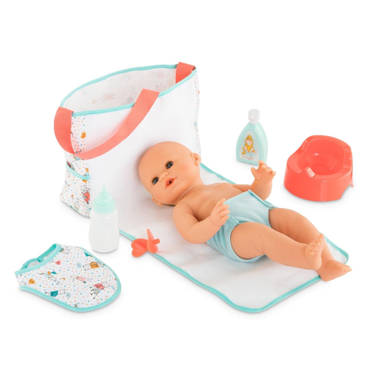Corolle Baby Doll Changing Bag & Accessories Set - 7-Piece Multi Color 2-in-1 Storage Bag/Changing Pad for Kids 2 Years & Up