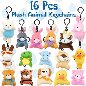 Lukbera 16Pcs Animals Keychains, Mini Assorted Animals Plush Toys For Kids Goodie Bag For Classroom Exchange Gifts