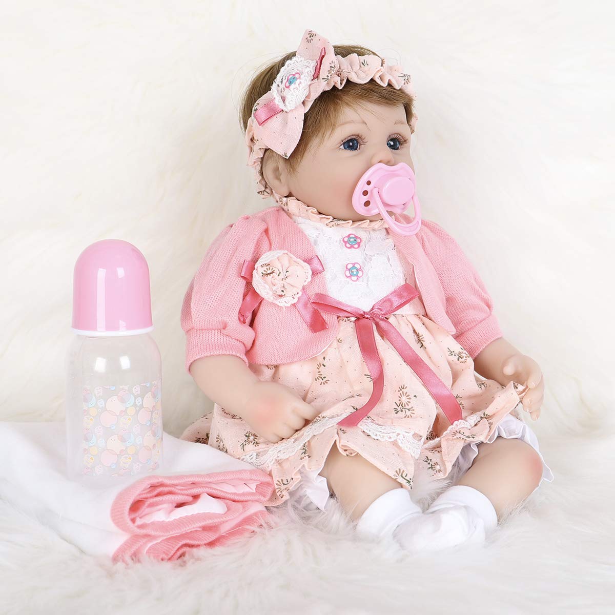 Enadoll Reborn Baby Doll Realistic Silicone Vinyl Baby Pink Hairband Girl 16 Inch Weighted Soft Body Lifelike Doll Gift Set For Ages 3+(Pink Hairband)