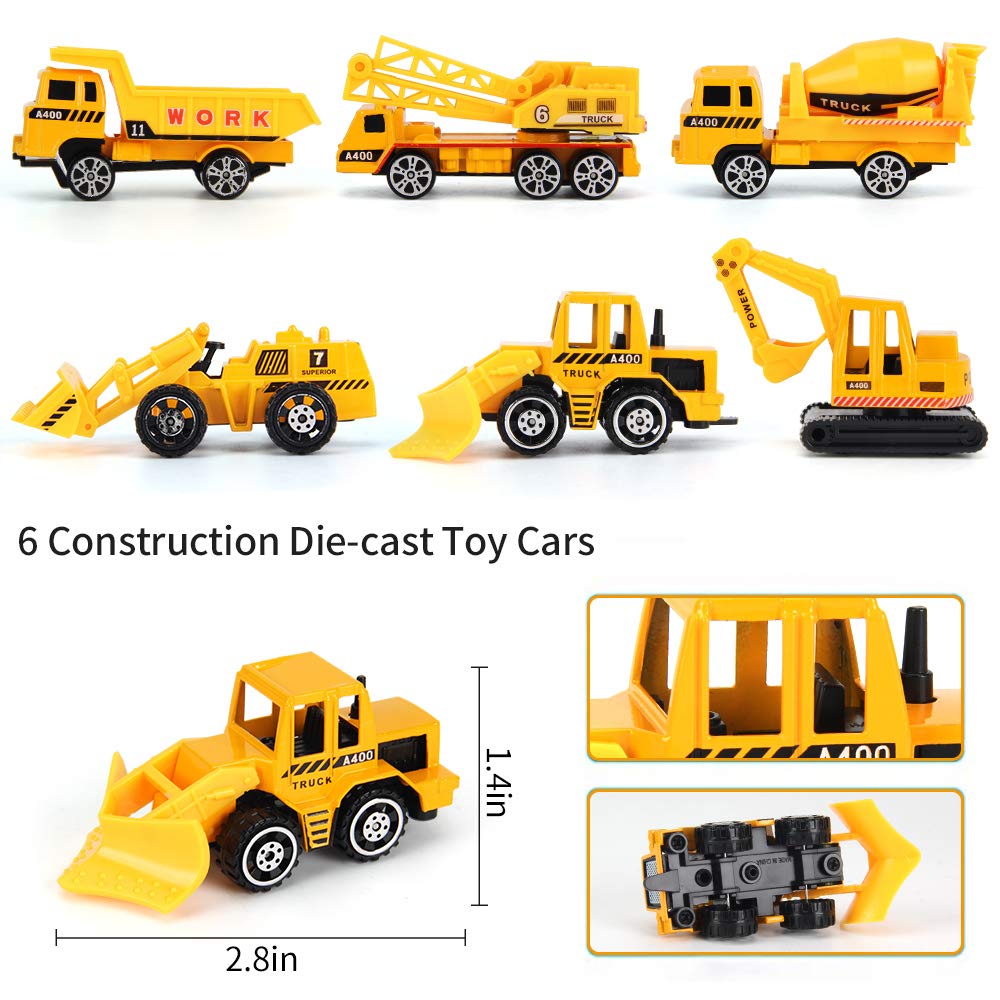 25 Pack Transport Construction Airplane Toy Play Vehicles Set for Kids Gifts, with 6 Construction Die-cast Toy Truck, 11 Road Si