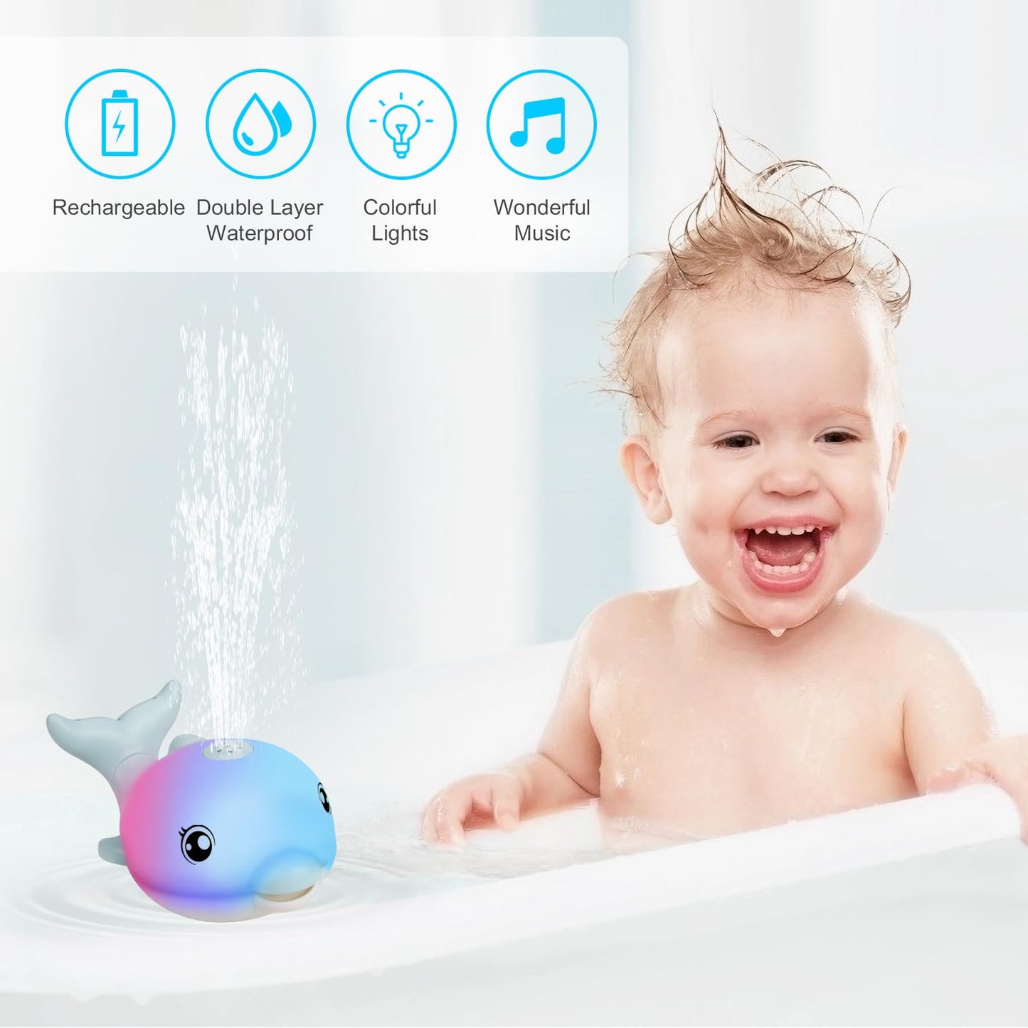 2024 Upgraded Bath Toys, Rechargeable Baby Bath Toys, Dolphin Spray Water Light Up Musical Toys 6-12 12-18 Months, Sprinkler Water Pool Bathtub Toys For Toddlers 1-3 2-4 Boys Girls Infant Kids - Blue