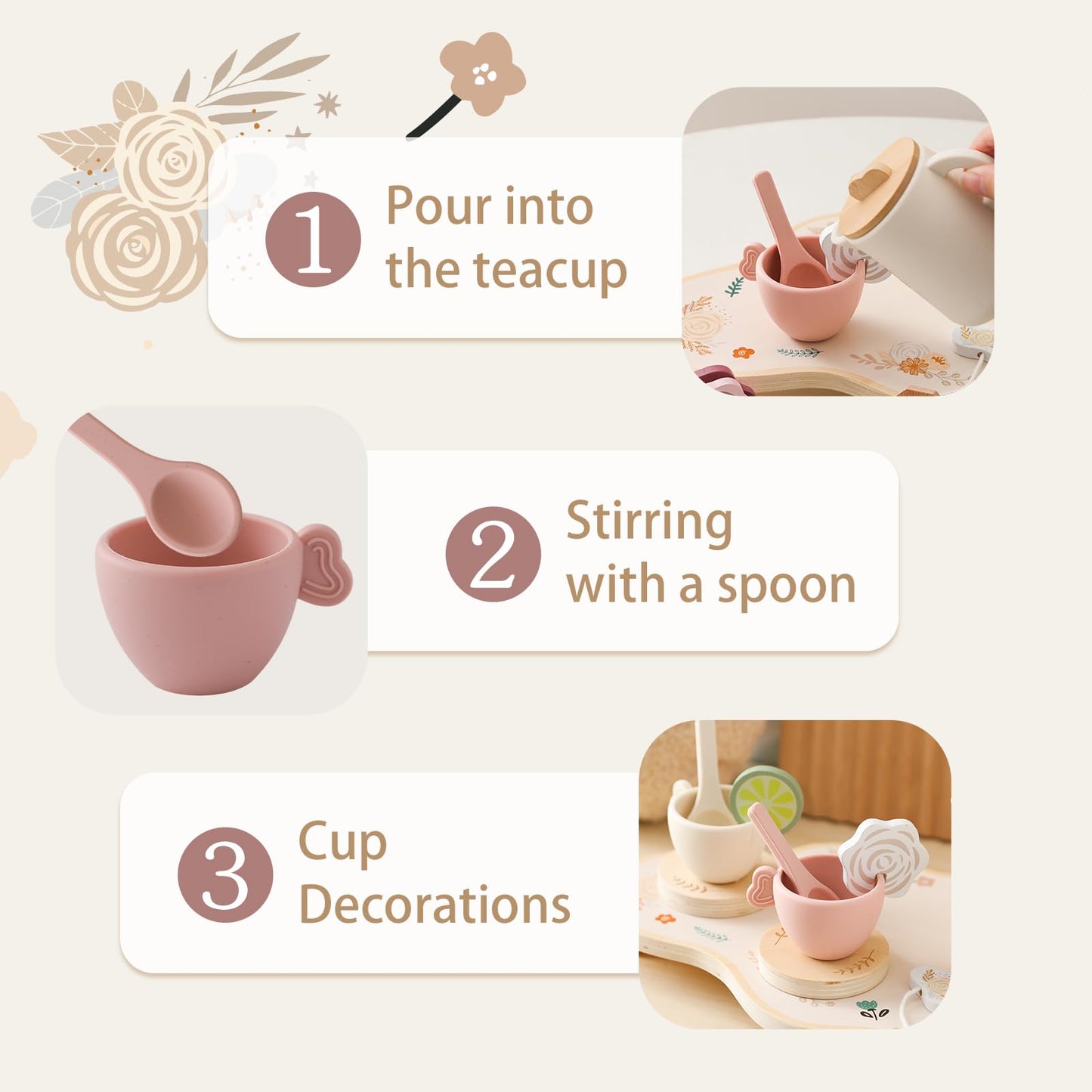 Tea Party Set for Kids - Wooden Tea Set for Little Girls 15PCS Silicone Toddler Tea Set Kitchen Accessories Pretend Play Toy Tea