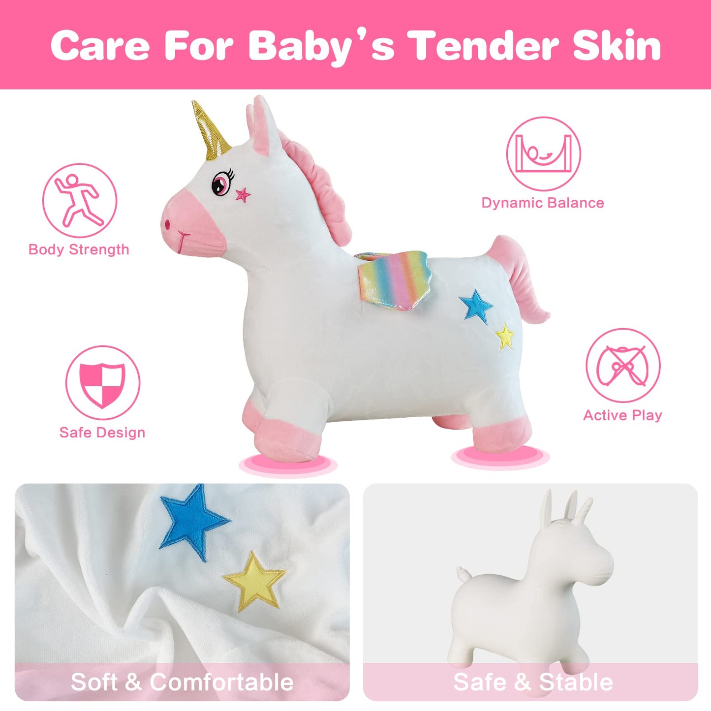 HotMax Unicorn Bouncy Horse - Inflatable Plush Ride-On Toy for Toddlers, White/Pink, Perfect 1st Birthday Gift for Kids 2-4 Years Old