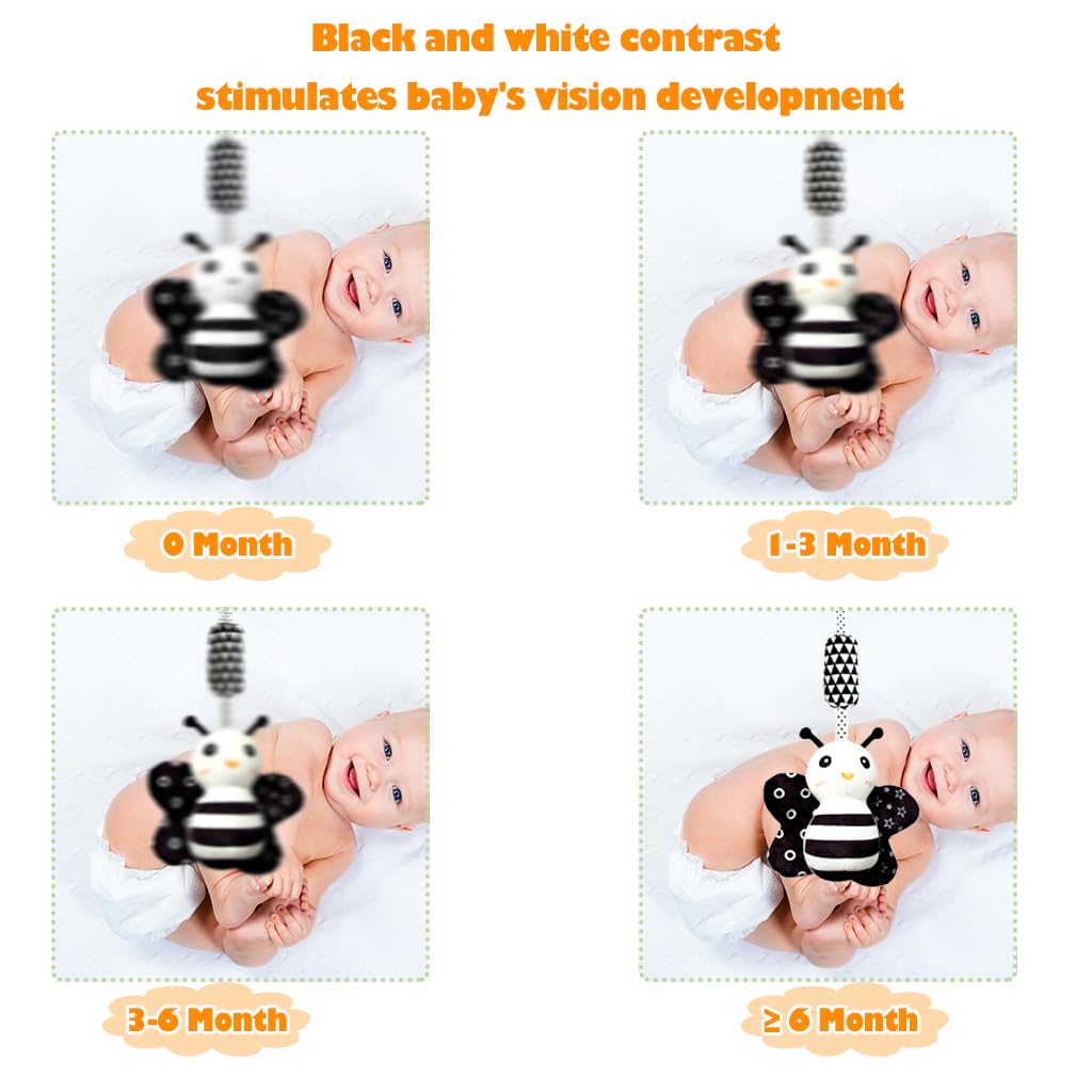 Kakiblin Baby Hanging Toy,3 Pack Black And White Baby Toys For 3 6 9 12 Months, High Contrast Hanging Baby Toys,Plush Soft Stroller Rattles Toys For Boys And Girls(21Cm, Ladybug,Bee & Owl)