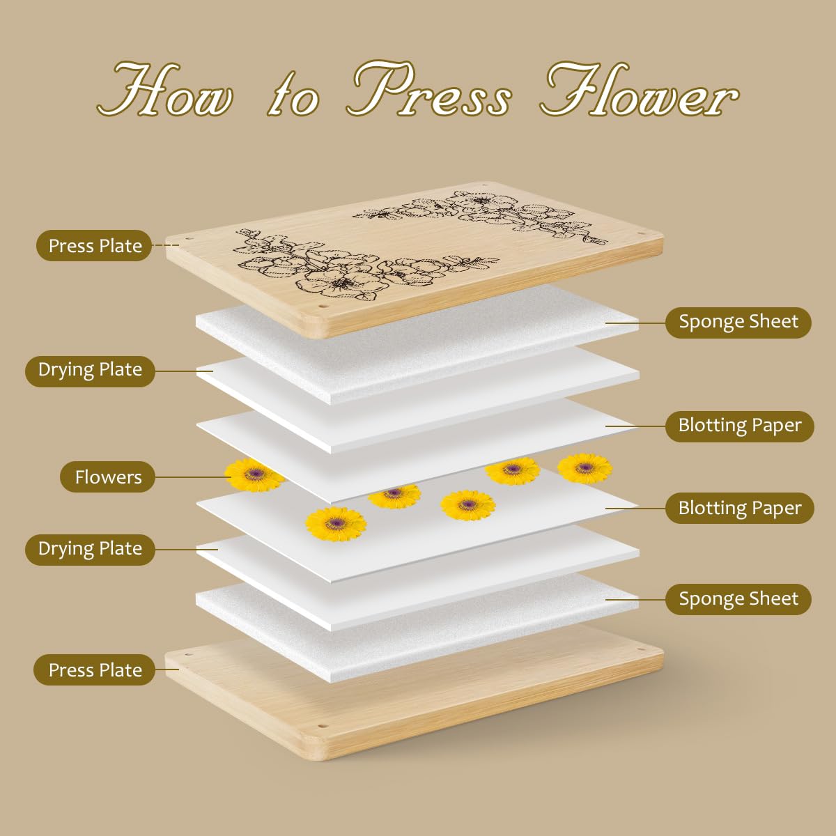 Happinit Large Flower Press Kit, 6 Layers 11 x7 Even Pressure Flower Pressed DIY Arts, Flower Pressing Kit for Adults, Dried Flo