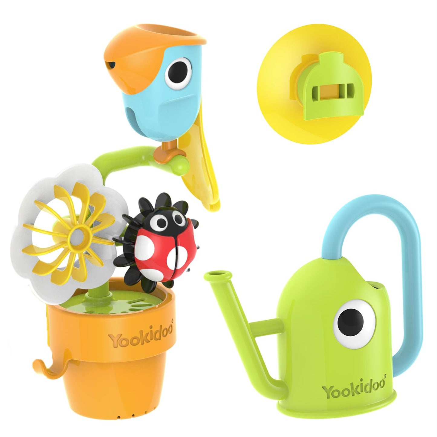 Yookidoo Watering Can Baby Bath Toy (Ages 1-3) Spinning Lady Bug & Tipping Bird Toy With 3 Moving Pieces (Mold Free) - Attaches To Tub Wall For Easy Toy Holder And Storage - For Toddler Bath Time