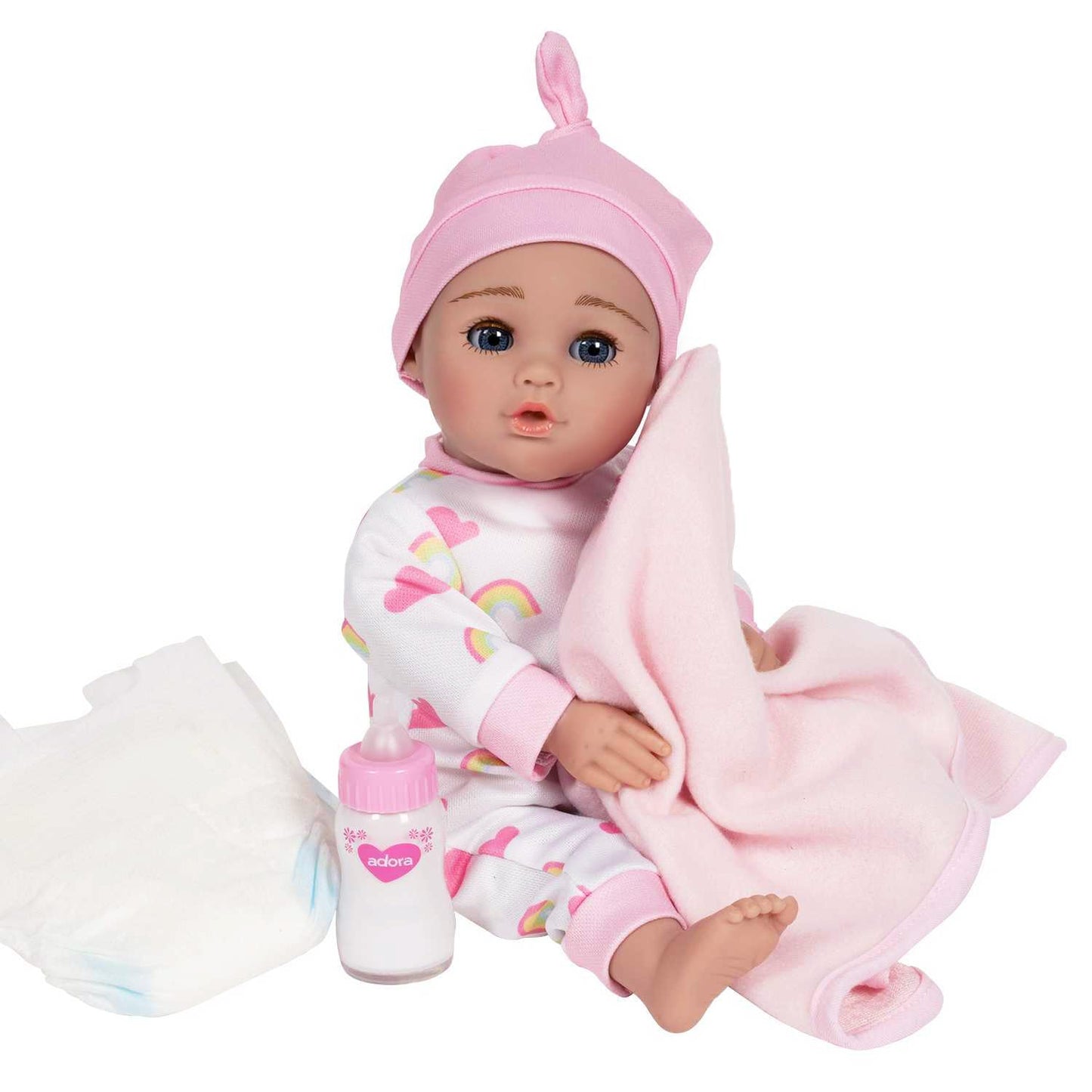 Adora Rainbow Hugs Doll Set! Realistic 13' Baby Doll And Nurturing Set With 7-Pc Doll Accessories Includes Crib Box, Rainbow-Print Onesie, Beanie, Pacifier, Diaper, Magic Milk Bottle And Blanket