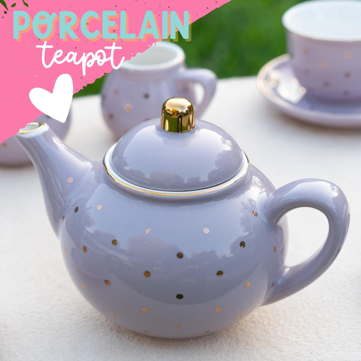 Porcelain Tea Set for Girls - Lavender & Gold Polka Dot Tea Party Set for Kids I Complete Children Tea Sets with Carry Case, Bir