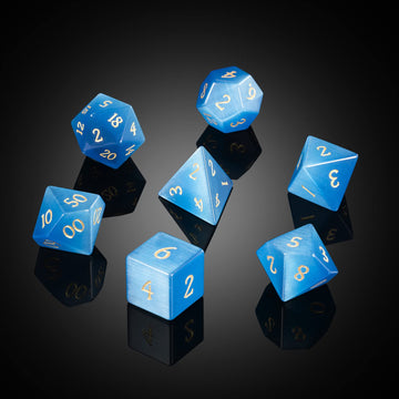 DNDND Gemstone Dice Set 7 PCS Aquamarine Dice with Gift Case for DND Dungeons and Dragon Tabletop Game (Blue Cat's Eye)