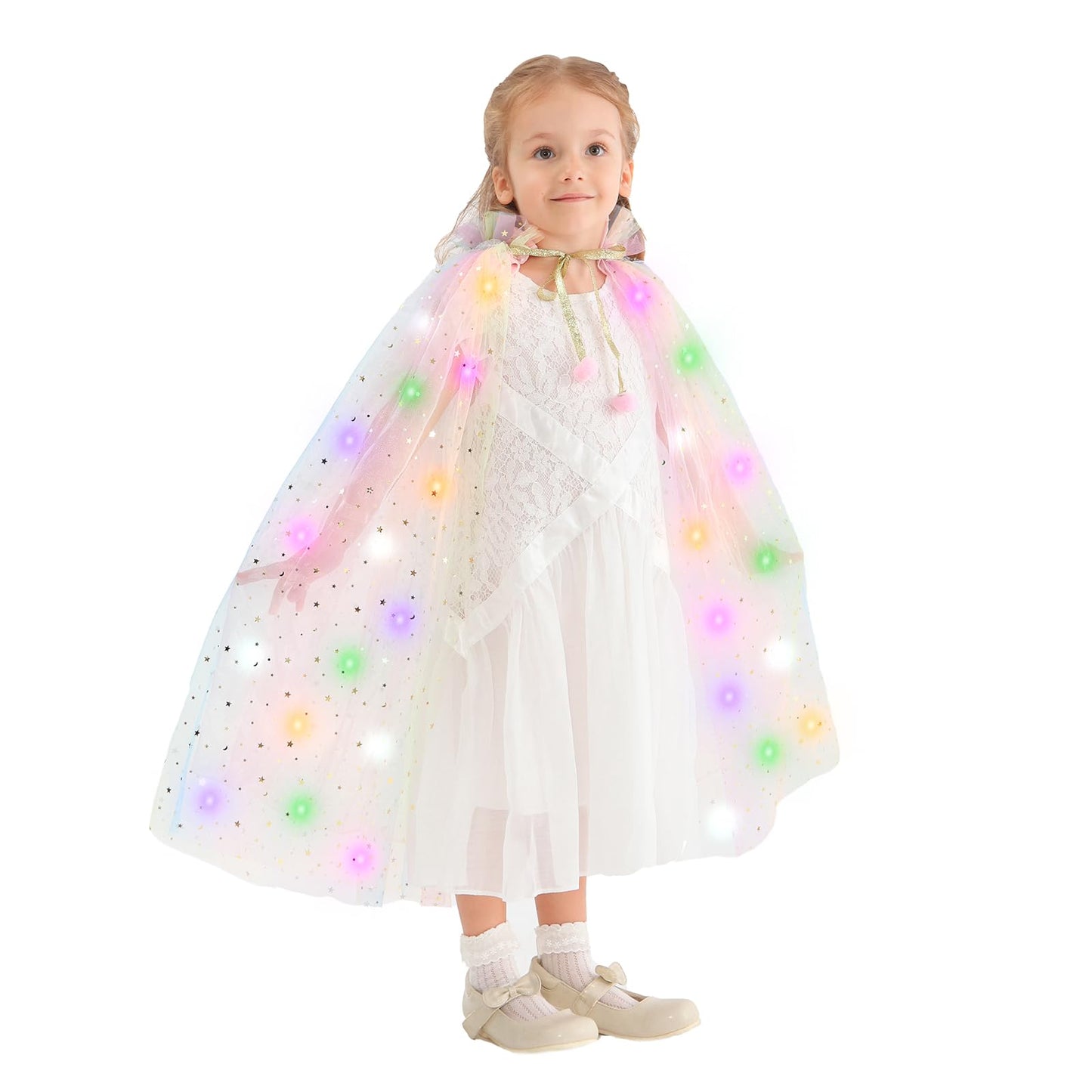 Hsctek Light Up Princess Cape, Rainbow Princess Dress Up Tulle Cape, Coloful Princess Outfit Costume Accessories Kids Toddlers Girls