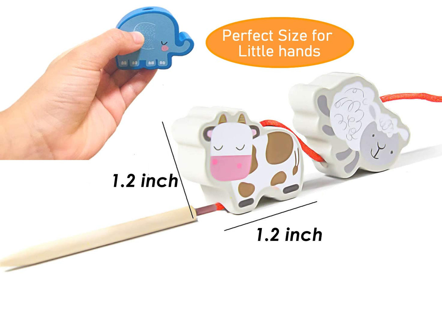 BMTOYS Montessori Wooden Stringing Beads Set - 42 Rainbow Farm Animals & Fruits for Toddlers 3-5 Years